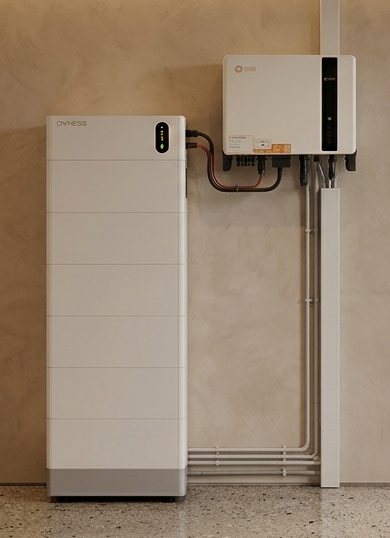 Hoogvoltage thuisbatterij met omvormer aan de muur