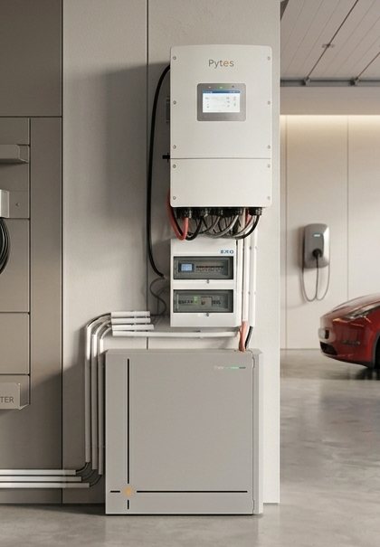 Thuisbatterij met omvormer in een garage