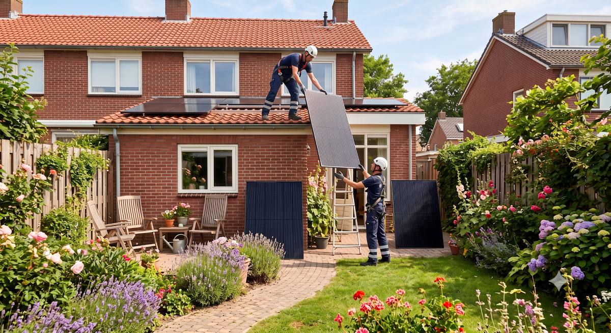 Twee monteurs leggen zonnepanelen op het dak van een rijtjeshuis