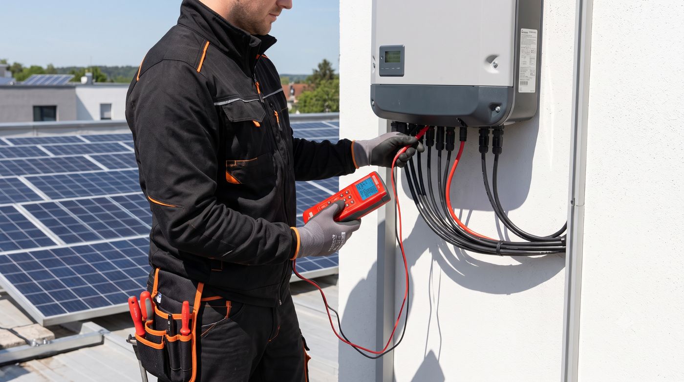 Een monteur meet de aansluiting van een omvormer na, met zonnepanelen op de achtergrond