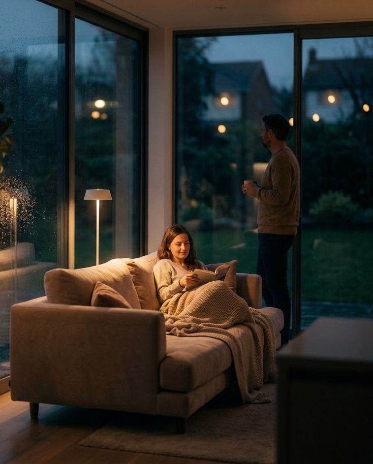 Een vrouw leest 's avonds op de bank onder een plaid, haar partner kijkt naar buiten